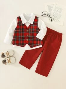 SHEIN Bộ vest quý ông cho bé trai gồm áo gile cài cúc họa tiết kẻ caro và quần dài, mùa thu đông, Giáng sinh - Nhiều màu - Xem 2