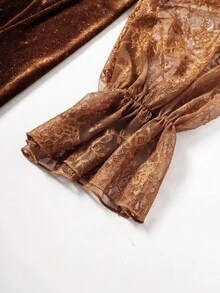 Rometta 大尺碼修身天鵝絨蕾絲長袖深色萬聖節洋裝，秋季派對婚禮賓客黑色哥德風優雅冬季禮服 - 棕色 - 查看 5