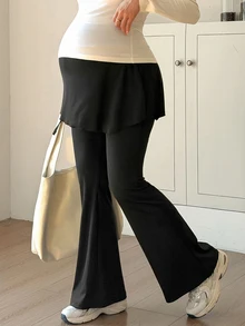 DAZY Celana Panjang Model Slim Fit Warna Polos dengan Karet Elastis 2 In 1 Model Flare, Elegan untuk Liburan dan Pemakaian Sehari-hari, Musim Semi dan Gugur, Celana Hamil - Hitam - View 7