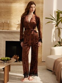 Moireta Women's Mature Elegant Contrast Color Lace Glossy Velvet Pajama Set - Brown - View 3