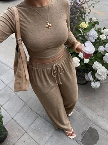 Muchica Plus Size Round Neck Long Sleeve Minimalist T-Shirt And Drawstring Waist Long Pants 2 Pieces Set Fall - Coffee Brown - View 3