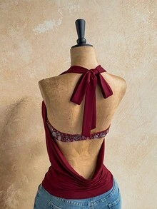 Ure Wave Women's Solid Color Cowl Neck Patchwork Sequin Sexy Fashion 2 In 1 Halter Top - Burgundy - View 2