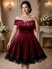 Rometta Plus Size Off-Shoulder Rhinestone Bow Decor Cinched Cinched Waist A-Line Layered Tulle Dress, Fashionable Elegant For Street, Party, Date, Women - Burgundy - View 1