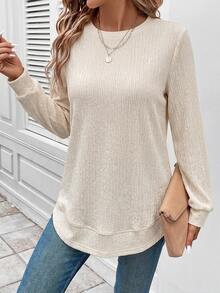 SHEIN LUNE Women's Casual Textured Ribbed Curved Hem Long Sleeve Sweatshirt, Suitable For Autumn/Winter - Multicolor - View 4