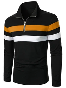 Manfinity Homme 男士拼色四分之一拉鍊領工作休閒 Polo 衫，適合丈夫，秋季長袖上衣 - 彩色 - 查看 4