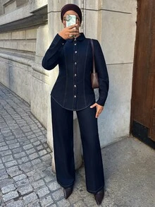 Solavon New Design Waist-Cinching Slimming Decorative Stitching Tie-Waist Blouse And Wide-Leg Pants Casual Commute Versatile Set - Navy Blue - View 4