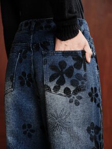 Anewsta Quần jean nữ ống đứng họa tiết jacquard nhung dập nổi phong cách thường ngày có túi - Màu xanh lam - Xem 3