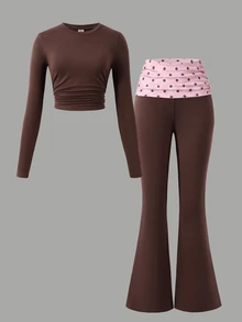 SHEIN 青少年女孩休閒寬鬆純色長袖圓領上衣與喇叭褲兩件套服裝組合 Teena 健身運動黑色秋季穿搭 - 棕色 - 查看 4