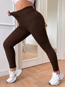 GalTyme 大尺碼女款純色休閒保暖內裡內搭褲 冬季 - 巧克力棕 - 查看 5