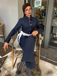 Solavon New Design Waist-Cinching Slimming Decorative Stitching Tie-Waist Blouse And Wide-Leg Pants Casual Commute Versatile Set - Navy Blue - View 6