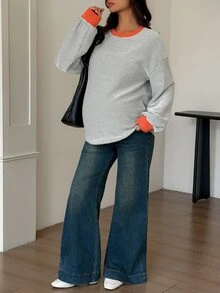 DAZY Contrast Striped Loose Long Sleeve Casual Everyday Autumn/Winter Maternity T-Shirt - White - View 4