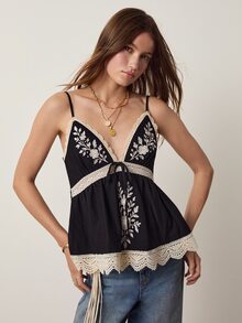 Willow Rêve Women's Black Embroidered Contrast Lace Sexy Camisole Top - Black and White - View 1
