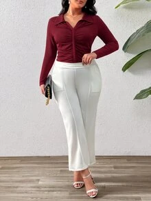 SHEIN Privé 修身版型翻領大尺碼女款百褶 T 恤 秋季 - 酒紅色 - 查看 6