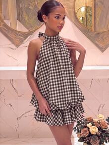 SHEIN Tween Girl Tween Girl Tween Girl Plaid Khaki Halter Tie Mini Dress - Khaki - View 3