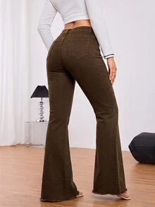 SHEIN PETITE 女款休閒日常丹寧喇叭牛仔褲，附口袋與鈕扣設計 - 摩卡棕 - 查看 2