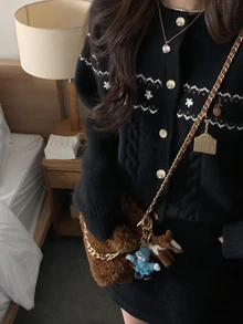 DAZY 女款休閒日常穿著前開扣紋理針織落肩袖開襟衫，秋冬長袖上衣，秋季女裝 - 黑色 - 查看 4