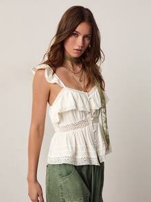 Willow Rêve Women's Lace Patchwork Ruffle Button Top - White - View 3