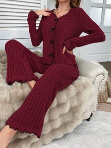 Dream Adore Bộ đồ ngủ nữ len dệt mềm họa tiết phối màu, viền bèo nhún, trang trí nơ, quần áo thu đông - Màu Đỏ Sâu - Xem 3
