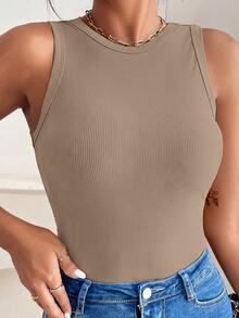 SHEIN VCAY 大尺碼女款簡約純色無袖背心上衣 - 卡其色 - 查看 3