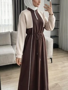 Solavon فستان نسائي بأكمام طويلة وسحاب نصفي بتصميم كتل لونية - بني - مشاهدة 7