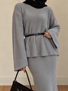 Solavon Women's Solid Color Bell Sleeve Top And Skirt Knit Two Pieces Set - Grey - View 6
