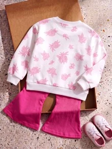 THE POWERPUFF GIRLS X SHEIN Baby Girl Floral Cartoon Print Crew Neck Sweatshirt And Elastic Waist Flare Pants Casual Set - Hot Pink - View 2