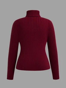 Sweetra Plus Size Women's Turtleneck Sweater, Long Sleeve Vertical Ribbed Knit Pullover, Slim Fit Stretch Solid Color Basic Fall Winter Top, Available In Whit - Multicolor - View 7