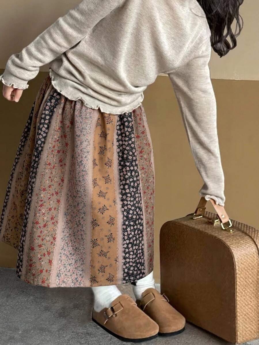 Dazy Kids Young Girl Sweet Holiday Floral Print Skirt - Brown - View 1