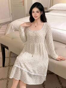 Dazy Kids Teen Girl Long Sleeve Floral Patchwork Dress, Autumn Home Wear - White - View 1