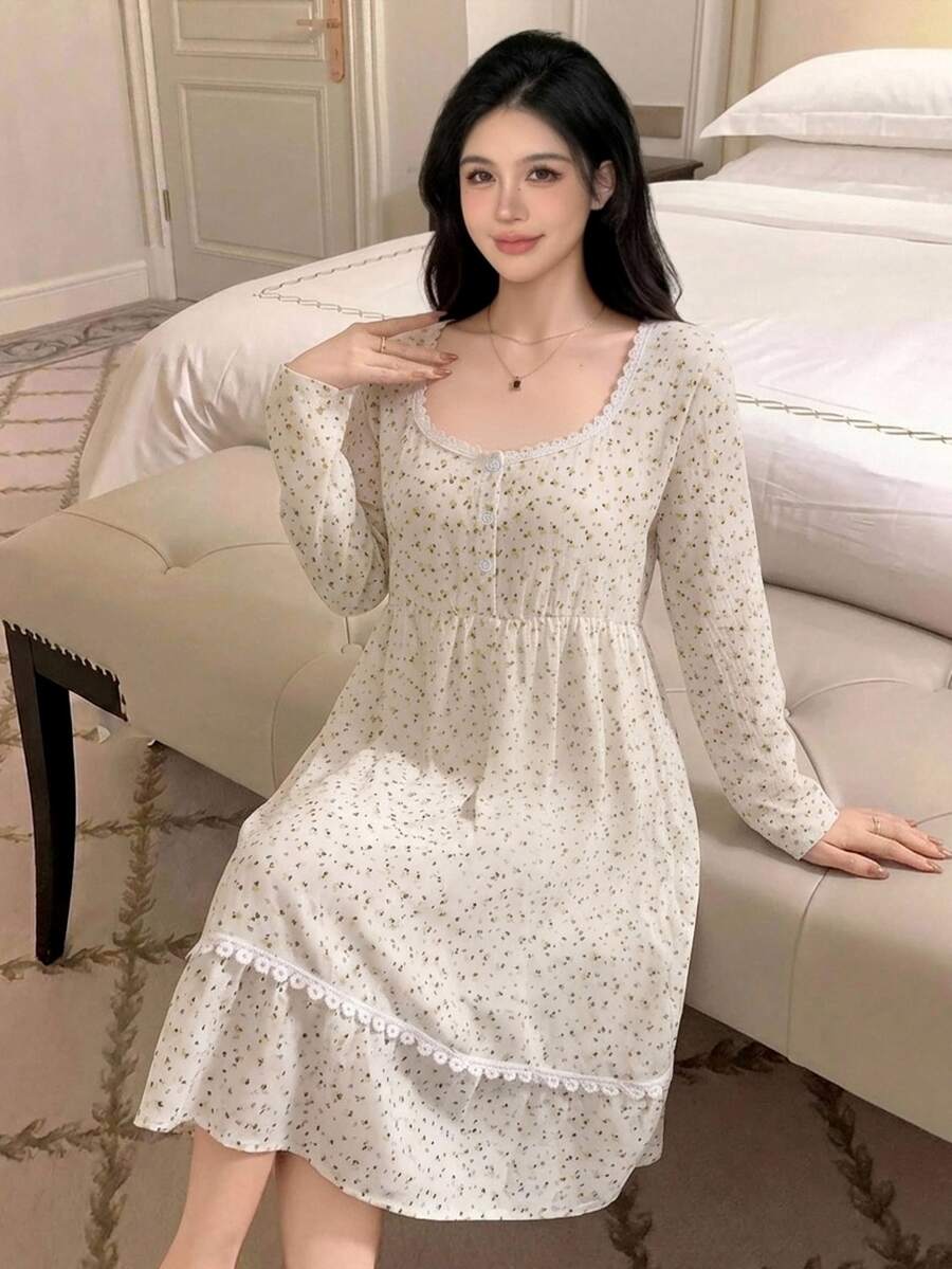 Dazy Kids Teen Girl Long Sleeve Floral Patchwork Dress, Autumn Home Wear - White - View 1