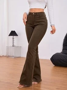 SHEIN PETITE 女款休閒日常丹寧喇叭牛仔褲，附口袋與鈕扣設計 - 摩卡棕 - 查看 3