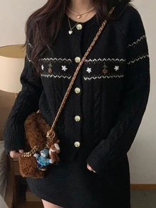 DAZY 女款休閒日常穿著前開扣紋理針織落肩袖開襟衫，秋冬長袖上衣，秋季女裝 - 黑色 - 查看 7