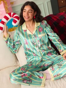 Chillnights Women's Colorblock Striped Funny Cat Christmas Print Pajama Set - Multicolor - View 1