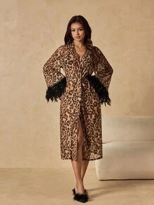 HautHeat Sexy Leopard Print Mesh Lace Nightgown, Alluring Nightgown With Feather 3D Floral Design, Long Robe For Women - Multicolor - View 4
