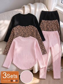 SHEIN 3套裝 毛絨羅紋純色與豹紋上衣褲子套裝，簡約休閒舒適秋/冬穿搭 - 彩色 - 查看 2