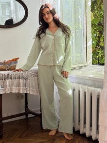 DAZY Women's Long Sleeve Single-Breasted Top And Pants Pajama Set - Green - View 9