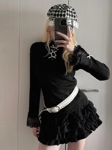 FRIFUL Middle-Aged Women Korean Style Romantic Elegant Bowknot Decor Lace T-Shirt Party Night Black - Black - View 4