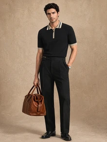 Core Aspect Men's Knit Short Sleeve Top With Turn-Down Collar, Half-Zip, Contrast Striped Collar Design And Colorblock Cuffs, Business Casual - Black - View 5