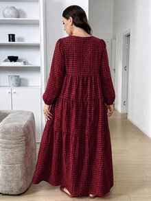 Easowa Curve Plus Size Casual Kawaii Plaid Dress Fall Christmas Homewear Birthday Red - Multicolor - View 2