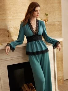 Moireta Women's Mature Elegant Lace Patchwork Knit Long Sleeve Pants Pajama Set - Dark Green - View 5