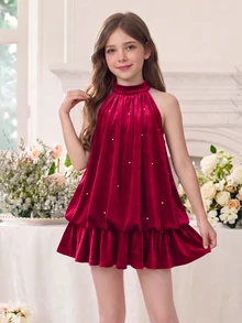 SHEIN Tween女孩秋冬四季通用酒紅色天鵝絨3D蝴蝶結裝飾收腰抓皺大裙擺公主背心洋裝，適合派對、聚會、日常、萬聖節、聖誕節 - 紅色 - 查看 3