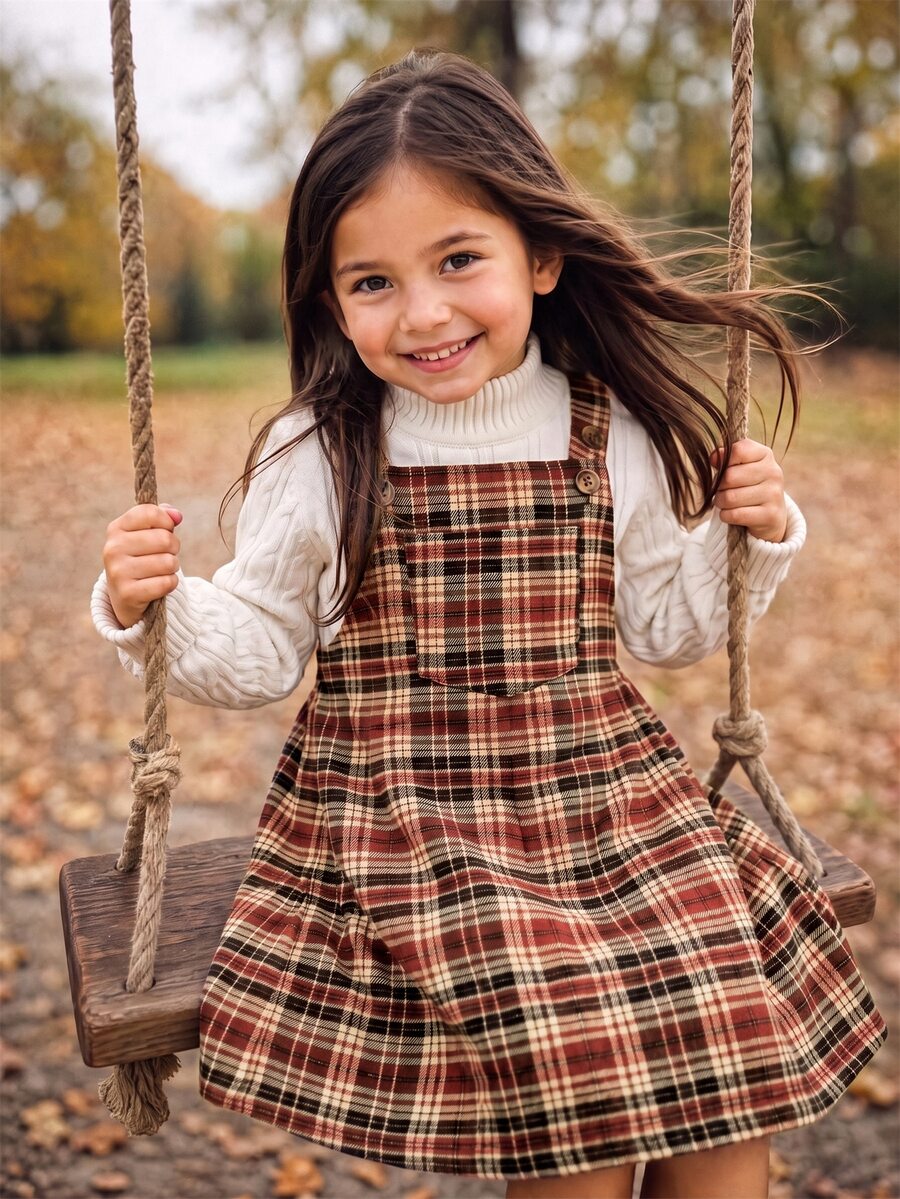 Emery Rose Kids Emery Rose Kids 女童可愛棕色格紋吊帶連身裙,附荷葉邊口袋與肩帶設計 - 紅色 - 查看 1