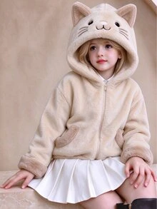 SHEIN 1件女款甜美風休閒外套，校園休閒穿搭，秋冬3D貓咪刺繡連帽寬鬆抓絨夾克 - 彩色 - 查看 4