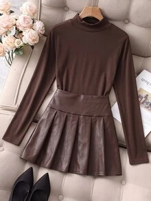 SHEIN Tween Girls Shirt Co-Ords Stand Collar Long Sleeve Pleated Skirt Brown Autumn/Winter 2 Pieces Set - Brown - View 2