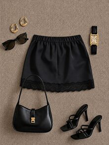 Grovea Women's Plus Size Knit Mini Skirt With Built-In Leggings, Delicate Lace Hem, Minimalist Casual Commuter Skirt For Daily Wear - Black - View 3