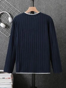 SHEIN 青少年男孩圓領抓絨羅紋長袖對比色領口與下擺T恤，春/秋/冬 - 藏蓝色 - 查看 2