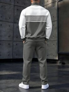 Manfinity Homme Unisex Loose-Fit Quarter-Zip Stand Collar Sweatshirt, Gray And White Striped Color-Block Polyester For Streetwear - Multicolor - View 2