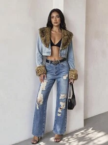 SHEIN Glamour 女款毛領長袖單排扣休閒牛仔外套 - 霧霾藍 - 查看 5