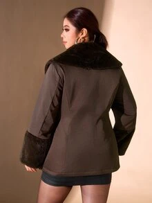 Cravure Plus Size Autumn/Winter Long Sleeve Patchwork Plush Collar Cinched Waist Padded Padded Coat - Coffee Brown - View 5