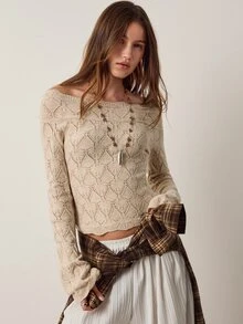 Willow Rêve Women's Cream Crochet Off-Shoulder Fitted Flare Sleeve Sweater - Cream - View 4
